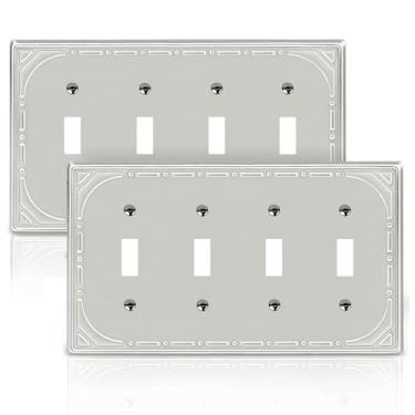 Imagem de Pacote com 2 capas de interruptor de luz quádrupla, placas decorativas de metal níquel escovado, placa de parede de 4 grupos para interruptor de luz - estilo retrô clássico