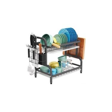 Imagem de Escorredor de Louças Duplo, Metal, Preto Fosco, 2 Andares, 22x29x39cm, com Bandeja Coletora