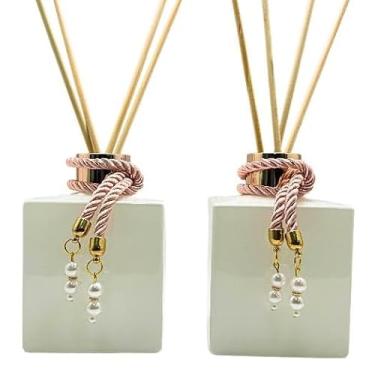 Imagem de Kit 2 Frascos de Vidro Branco 250ml para Difusor de Aromas com Tampas Luxo e Varetas – Aromatizador Decorativo(ROSE)