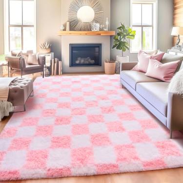 Imagem de Quntue Tapete quadriculado para sala de estar 20 x 25 cm, tapete de área grande ultramacio felpudo para quarto, tapete antiderrapante moderno de pelúcia macio para quarto de crianças e meninas