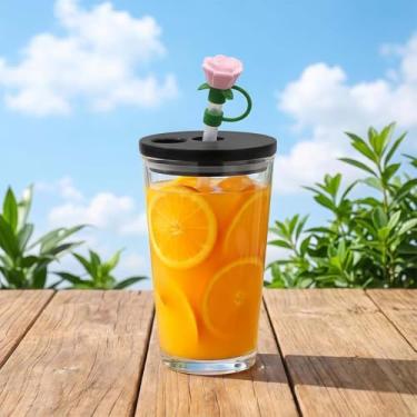 Imagem de Cobertura de palha de silicone de 8 a 10 mm com design de flor fofa, conjunto de capas de canudos reutilizáveis à prova de poeira inclui canudos, tampas de palha de grau alimentício para copo e copo