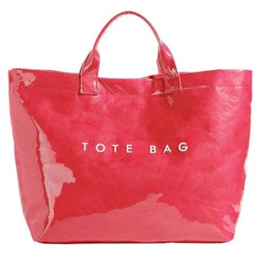 Imagem de Lushandy Sacola feminina de PVC com estampa de letras, sacola grande de papel kraft, bolsa de transporte com alça superior, bolsa Hobo transparente, Vermelho rosa, One Size