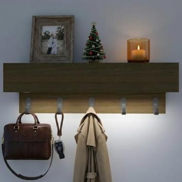 Imagem de CANCHIC Suporte de parede para cabide de 61 cm com prateleira e compartimento de armazenamento oculto, prateleira de acabamento de nogueira com ganchos organizador de entrada com luz LED para corredor