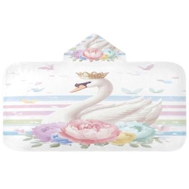 Imagem de Burbuja Cisne fofo com coroa toalha de banho com capuz para crianças, toalha de praia de pelúcia macia absorvente para meninas e meninos 3-10 anos, 61 x 127 cm