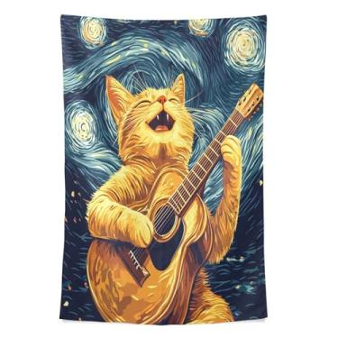 Imagem de STAYTOP Tapeçaria de gato tocando guitarra em uma noite estrelada tapeçarias para decoração de casa decoração de dormitório sala de estar quarto tapete de parede (60 × 51 polegadas)