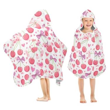 Imagem de Burbuja Toalha de banho com capuz Cherry Bows Hearts para crianças, toalha de praia de pelúcia macia absorvente para meninas e meninos 3-10 anos, 61 x 127 cm