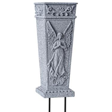 Imagem de Vasos de cemitério, vaso memorial com ponta, suporte de flores de anjo de resina para cemitério, lápide, sepultura, jardim, gramado, decorações de quintal (1 peça, cinza), flor não incluída.