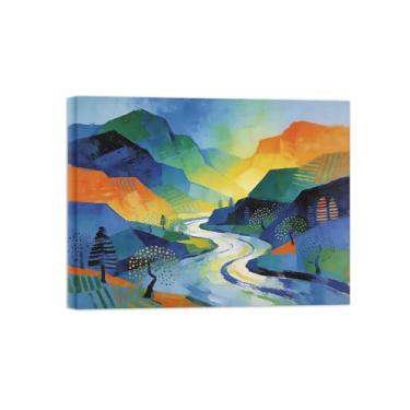 Imagem de Pintura abstrata de parede - árvore do rio da montanha - imagem de decoração moderna - impressões em tela para sala de estar pronta para pendurar tela emoldurada 30x40cm12x16in