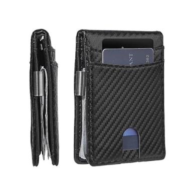 Imagem de Carteira masculina com bloqueio de RFID, clipe para dinheiro de fibra de carbono com vários compartimentos para cartões e janela para identidade, carteira fina para cartão de crédito, Preto, Carteiras