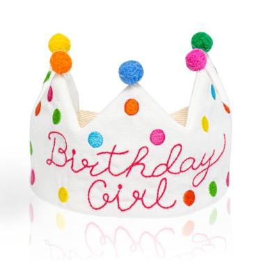 Imagem de Chapéu bordado à mão com coroa de aniversário – 100% linho de fibra natural, chapéu de festa reutilizável com pontos de confetes, coroa de primeiro aniversário com bolas de feltro de lã para meninas