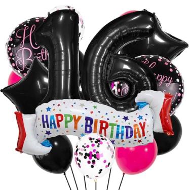 Imagem de Conjunto de decoração de aniversário de 16 anos, balão de coração preto de 16 anos, balão colorido de feliz aniversário de 16 anos para meninas, meninos, crianças, adultos, decoração de aniversário de