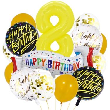 Imagem de Balões amarelos número 8. Balões de alumínio grandes de aniversário amarelos, balões coloridos de 8 anos para decoração de festa de aniversário de 8 anos, suprimentos para decoração de festa de