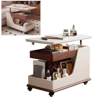 Imagem de Mesa de centro elevatória com armazenamento, pequena mesa lateral rolante com topo levantável e rotação de 360°, design moderno para sala de estar, cozinha, quarto, pequeno apartamento (branco)