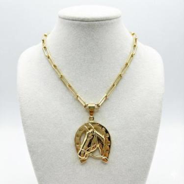 Imagem de Cordão 6mm Tijolinho + Pingente Ferradura- Banhado a ouro - Tojoia18K