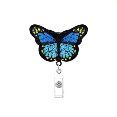 Imagem de Porta-crachá de identificação de feltro com bordado de borboleta, carretel retrátil e clipe de metal para cartões de acesso ao trabalho (azul celeste)