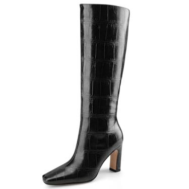 Imagem de Perisis Botas de cano alto femininas pretas longas botas altas de salto alto grosso bico quadrado padrão crocodilo botas de couro com zíper lateral para mulheres sexy, Preto, 40