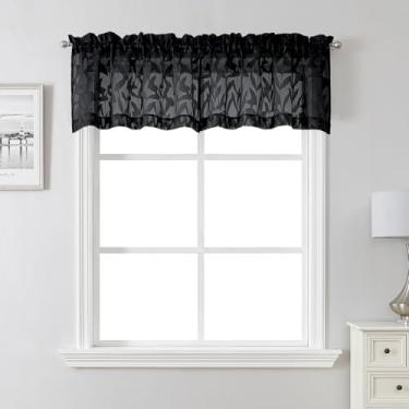 Imagem de Lecloud Leia — Cortinas pretas transparentes para janelas de 40,6 cm de comprimento, 2 peças, cortinas de cozinha curtas texturizadas de folha jacquard sobre a pia, cortinas de café com bolso duplo