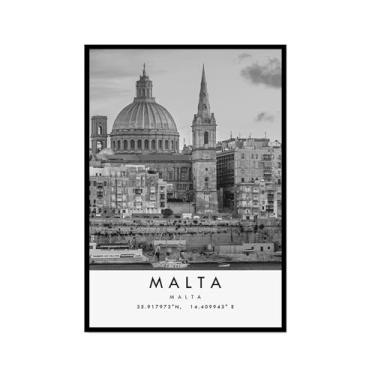 Imagem de Pôster de viagem preto e branco impressão paisagem da cidade do mundo pintura em tela Malta arte de parede decoração de casa (16 x 24 polegadas (40 x 60 cm), moldura para fotos)