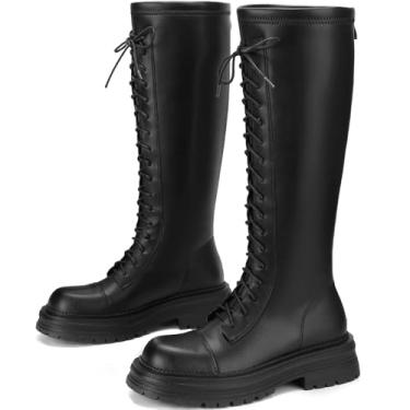 Imagem de SLXCHBSL Botas de cano alto femininas cano alto outono inverno botas longas para mulheres bico redondo salto plataforma grosso couro sintético zíper cadarço motociclista botas de equitação casual