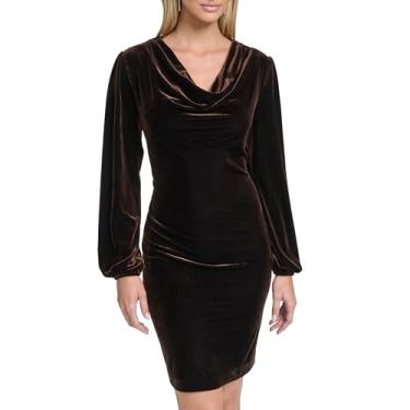 Imagem de Calvin Klein Vestido feminino de manga comprida com gola drapeada e comprimento até o joelho, Grãos de café, 36