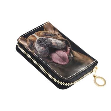 Imagem de Carteira feminina Zip Around com bloqueio de RFID, porta-cartões de crédito, carteira de viagem de couro com zíper cachorro buldogue engraçado marrom