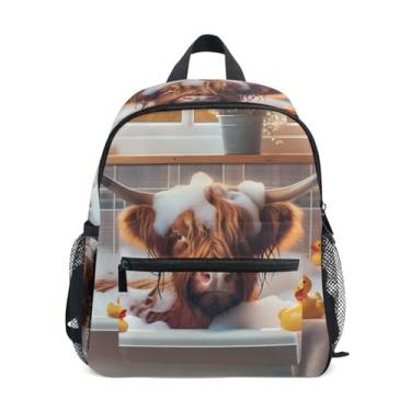Imagem de GAIGEO Highland Cow Bathtub Funny Childrens Backpack Toddler Boy Backpack with Front Pocket, Safety Whistle for Ages 3-8
