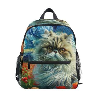 Imagem de GAIGEO Adorable Cat Starry Night Floral Backpack for School Kids 10x4x12 In, Preschool Backpack for Girls with Water Bottle Pockets, Whistle Buckle
