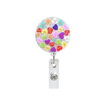 Imagem de 1 carretel de crachá de coração redondo com glitter retrátil para o dia dos namorados, clipes de jacaré, acessórios de nome de identificação de enfermeira para professor, médico, trabalhador, material