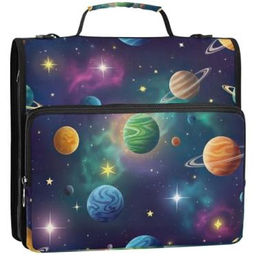 Imagem de Organizador de fichário colorido Planets com zíper de 3,5 polegadas, 3 argolas, bolsa de fichário resistente para ensino médio com alça portfólio e estojo para pasta de anéis, 34,5 x 31,5 x 9 cm