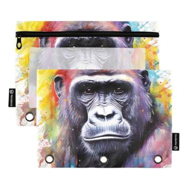 Imagem de Bolsa de lápis para fichário de 3 anéis, pintura de gorila, fichário com zíper, bolsa para lápis, impressão de arte, fichários escolares, bolsos transparentes, caneta 25 x 18 cm, 2 pacotes