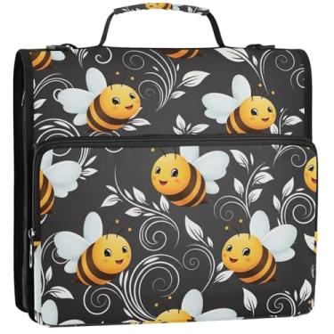 Imagem de Fichários fofos de 3 anéis de 3 anéis de 3,8 cm, lindos desenhos animados, abelhas, asas brancas, organizador com zíper, portfólio e estojo, fichários com alça para escola secundária, 34,5 x 31,5 x 9
