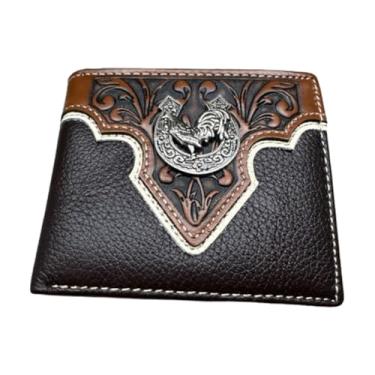 Imagem de Carteira masculina floral trabalhada galo ferradura concho cowboy em relevo carteira de couro ocidental carteira masculina de couro de alta qualidade presentes de rodeio para homens, marrom café por
