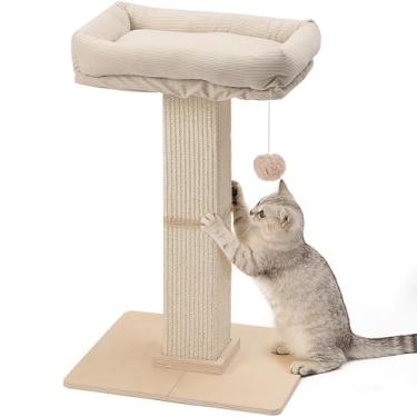 Imagem de FUKUMARU Poste arranhador para gatos, estilo moderno, arranhador alto com poleiro para gatos e adultos, grande torre arranhadora para gatos com cama, árvore pequena com suporte elevado, sisal natural