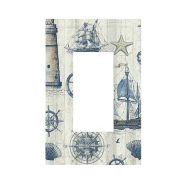Imagem de SgEdao Capas decorativas vintage náutico costeiro farol bússola âncora veleiro 1 gangue balancim capas de interruptor de luz decoração única Gfci dispositivo placa de parede para casa de banho de
