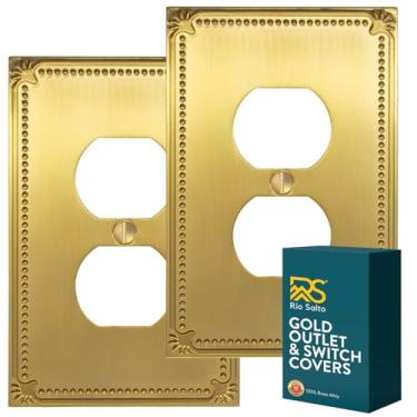 Imagem de Rio Salto Sunken Pearls Latão Escovado Ouro Duplex Capa de Interruptor de Luz Placa de Parede Decorativa de Metal Tomada Elétrica Capas de Soquete Único Gang (1 Gang Duplex 2PK)