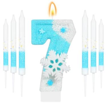 Imagem de IDIJOLI Conjunto de velas de aniversário Blue Frozen, floco de neve, branco, número 7, coberturas de cupcake, tema de inverno, decorações de festa de 7 anos, comemorações, suprimentos, lembrancinhas