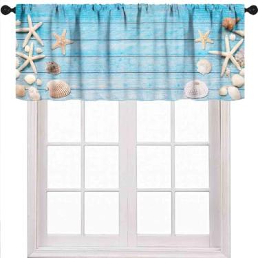 Imagem de Lnepty Saias de cozinha de concha de estrela-do-mar, verão, litoral, oceano, estrela-do-mar, azul, cortinas de tratamento de janela curta para quarto, sala de estar, armário, 1 peça, 137 x 45 cm