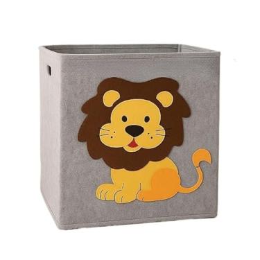 Imagem de Caixa Organizadora Dobrável Feltro 35x35 | Cesto para Brinquedos Infantil Estampa Animais Linda Top (LEÃO CINZA)
