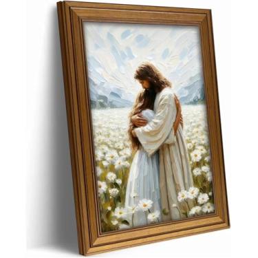 Imagem de Arte de parede em tela vintage com moldura dourada Jesus abraçando menina Jesus e mulher imagens modernas cristãs curas abraçar mórmon pôsteres para corredor, banheiro, sala de estar, sala de estar