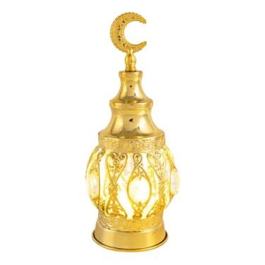 Imagem de caiydramy Lanterna de metal Ramadã com música, castelos de lua crescente islâmica dourada lâmpada decorativa suporte de vela de mesa centro de mesa, decorações de cornija de interior Eid Mubarak para