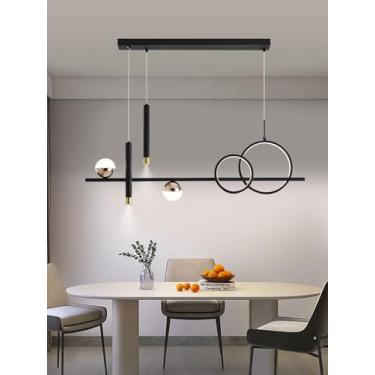 Imagem de Luminária pendente LED moderna, com design em anel e dimerizável, controle remoto e altura ajustável. Luminária suspensa com LED em formato de bola creme, ideal para sala de jantar e escritó