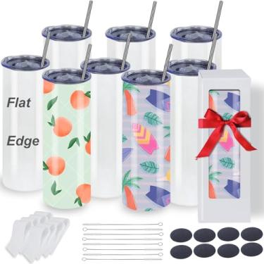 Imagem de MICLAXYS Pacote com 8 copos de sublimação de 590 ml a granel com borda plana, copo de sublimação plano de 590 ml, copos brancos finos de aço inoxidável reto com caixa individual (8, borda plana de 590