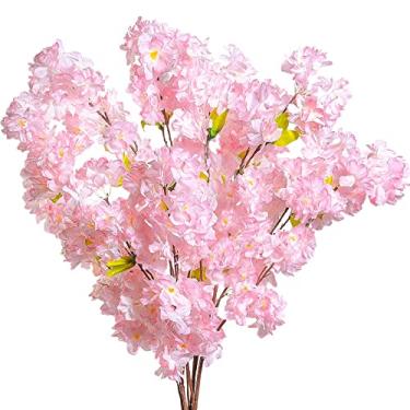 Imagem de 5 peças Ramo de Flor Cerejeira Artificial Flores Perno Longo Bouquet Seda Falsas Pêssego Primavera para Decoração Escritório Lar e Casamento