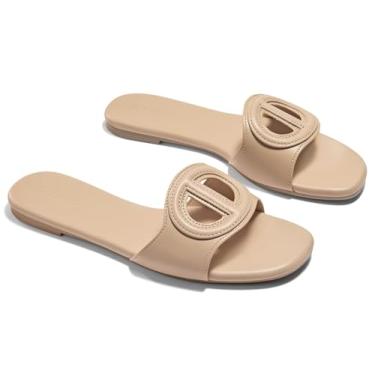 Imagem de Coutgo Sandálias rasteiras femininas elegantes com bico aberto sem cadarço de couro para verão e praia, Caqui, 41