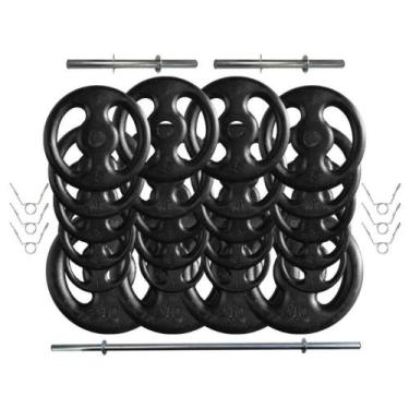 Imagem de Kit com 100 Kg de Anilhas Ferro Fundido + Barras de Supino e Halteres 