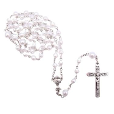 Imagem de Wowser Rosário branco da primeira comunhão, presente sacramental, acessório elegante e tradicional, crucifixo de 3,8 cm, 19 Inches, Prato de prata, Sem Pedra Preciosa