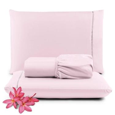 Imagem de Jogo Cama Lençol Unique Casal Padrão 400 Fios Ponto Palito 3 Peças - Rosa