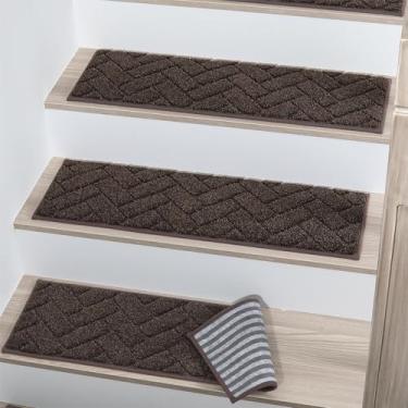 Imagem de BEQHAUSE Degraus de escada para degraus de madeira 23 cm x 71 cm, tapetes antiderrapantes para escadas, tapetes macios, laváveis na máquina, 100% poliéster, forro TPE, 4 peças, marrom