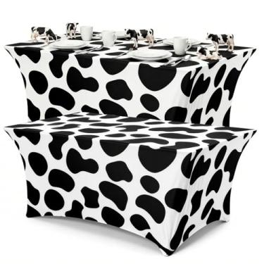Imagem de Frienda 2 peças de toalha de mesa de vaca de 1,8 m x 76 cm lavável capa de mesa elástica preta e branca toalha de mesa retangular tema vaca suprimentos de festa para decorações de festa de aniversário