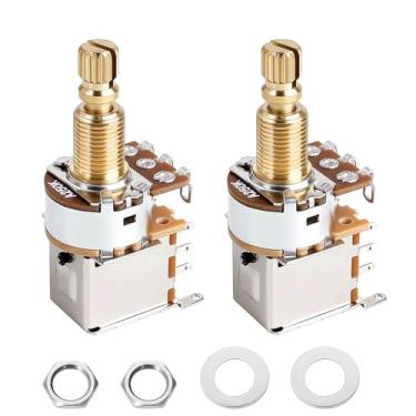 Imagem de Banworks Potenciômetros de pressão de latão completo A250K M8 para violão tamanho métrico, 18 estrias, eixo longo (18 mm de comprimento), potenciômetros cônicos de áudio para guitarras Squier